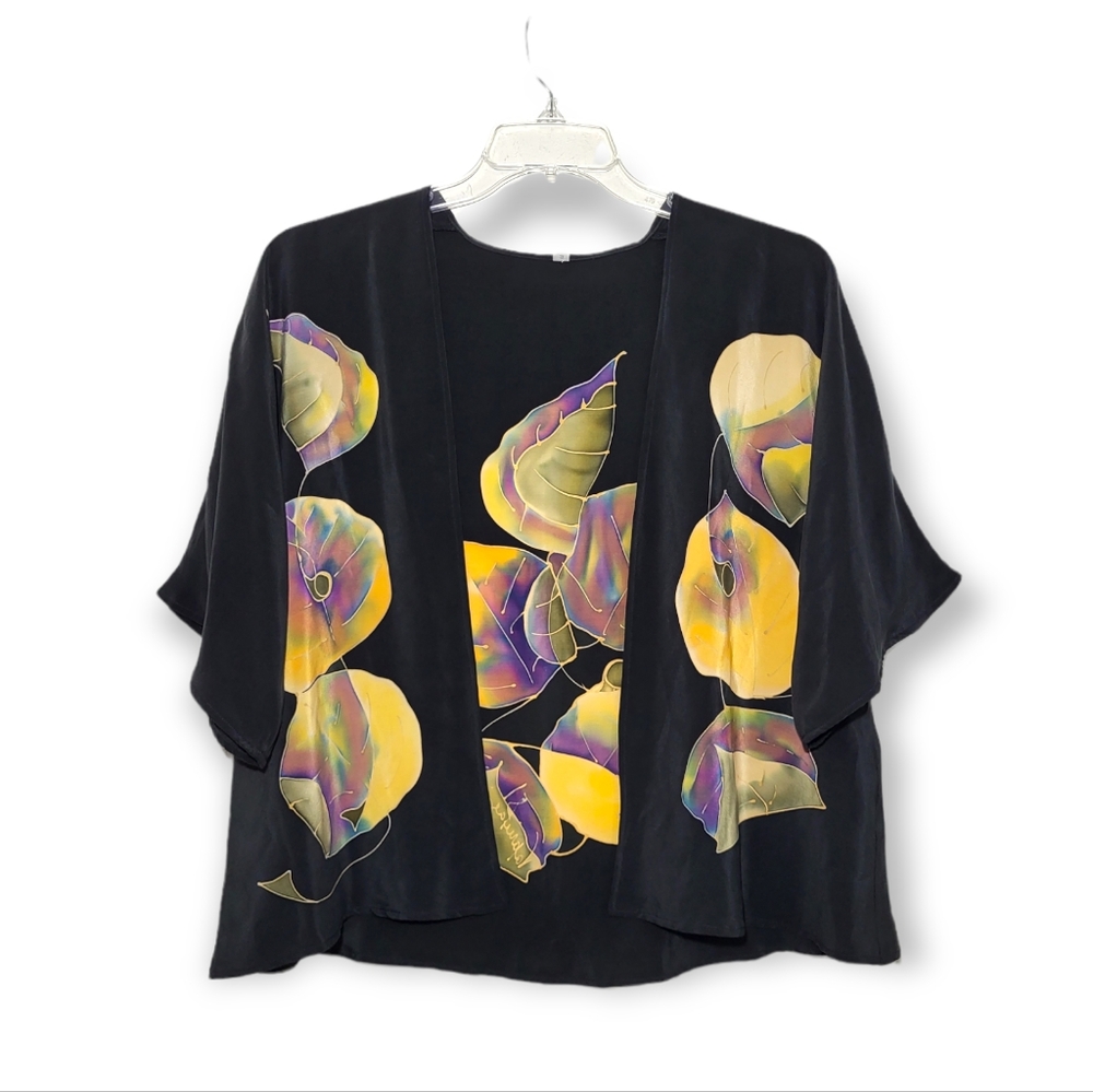 Pagni Hand Painted Silk Wrap Top Open Front Black Yellow Purple Small